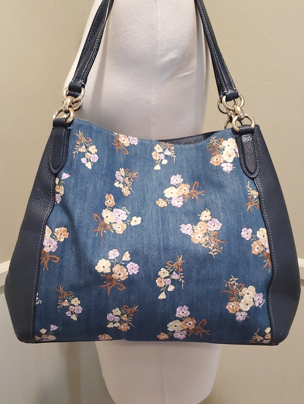 NEW Coach Denim Hallie Bag With Painted Floral - Picture 6 of 14